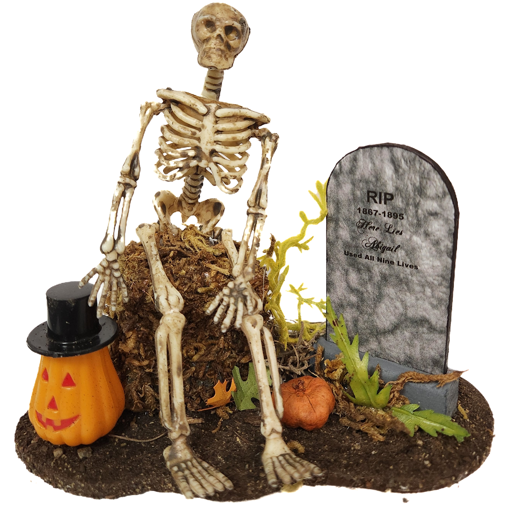 Wooden Doll Houses 1 Inch Scale Skeleton on Hay with Pumpkin