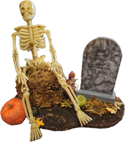 1 Inch Scale Decorated Skeleton on Bale of Hay with Pumpkin and Tombstone Dollhouse Miniature