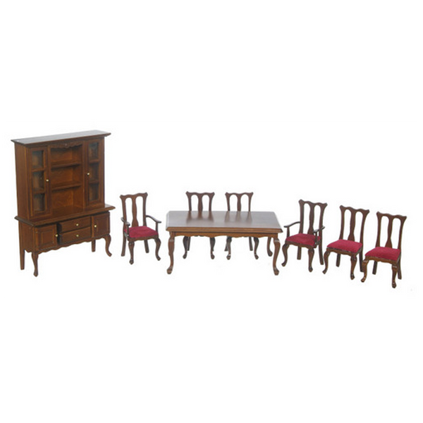 1 Inch Scale Dollhouse Dining Room 8 Piece Set Red and Walnut