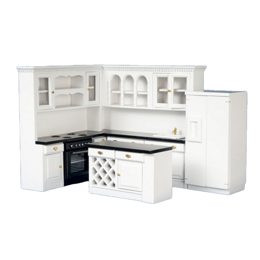 Miniature Kitchens 1 Inch Scale 4 Piece White Dollhouse Deluxe Kitchen Set