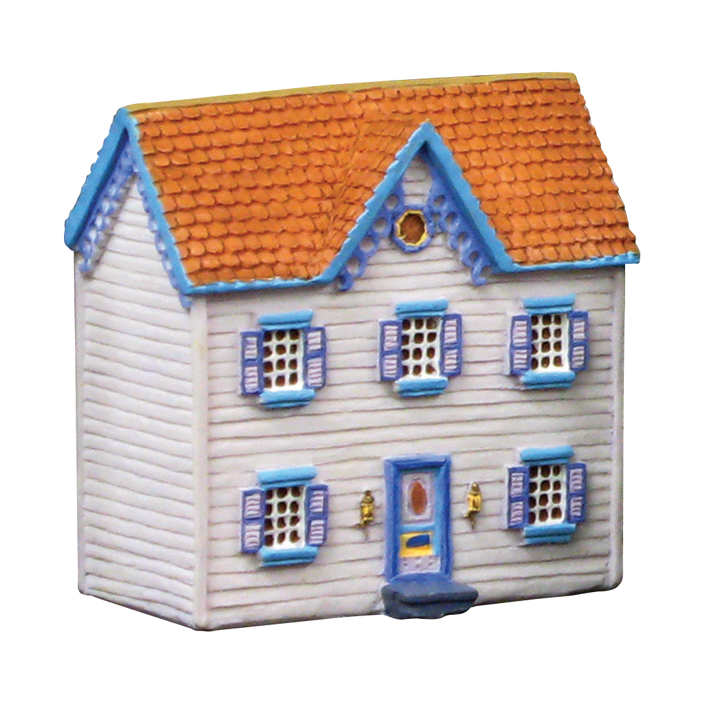 Miniature house model with blue trim and orange roof.