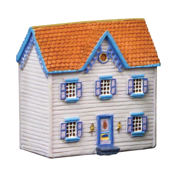 Miniature house model with blue trim and orange roof.