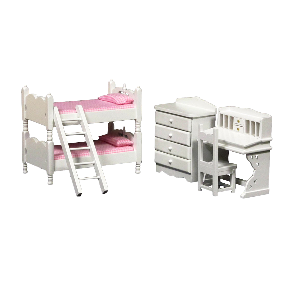 Scale Dollhouse Bunk Beds Set with Pink Bedding